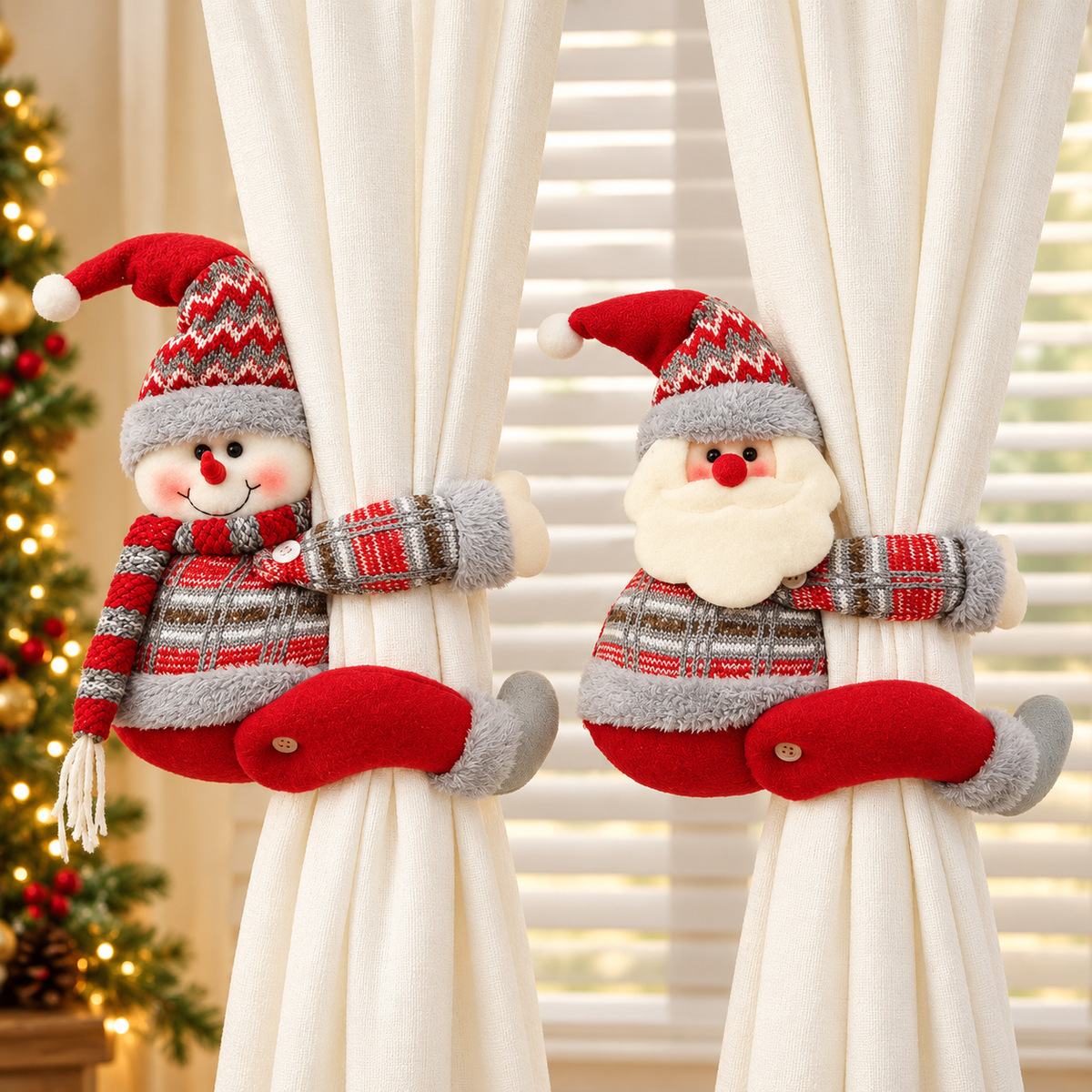 Christmas Plush Curtain Tiebacks Santa Snowman Reindeer Window Decoration