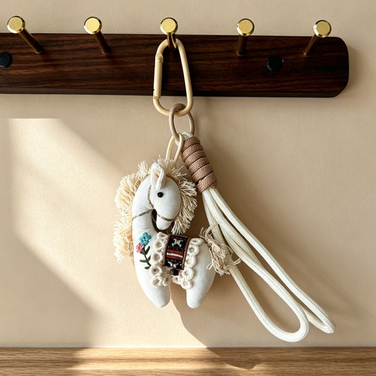 Vintage Horse Bag Charm โ Cotton Linen Pony Pendant, Embroidered Animal Keychain for Backpack & Purse