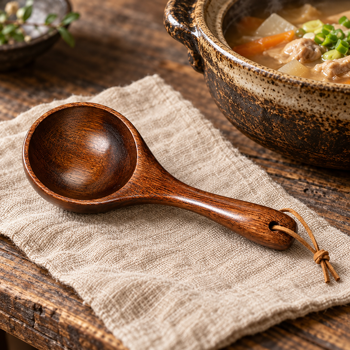 Rustic Ke Wood Soup Ladle with Aged Lacquer Finish and Hanging Cord