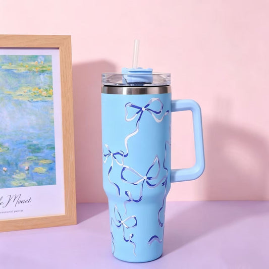 40oz Floral Stainless Steel Insulated Travel Tumbler with Straw & Handle โ Large Capacity Reusable Drink Cup