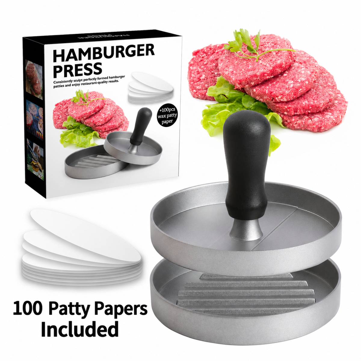 Manual Hamburger Patty Press with 100 Patty Papers
