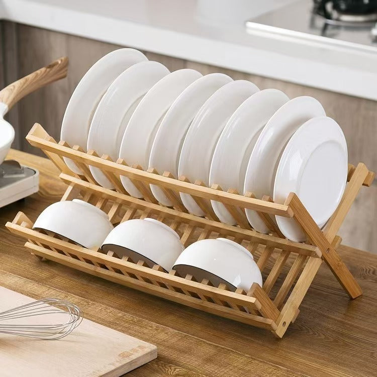 Foldable Bamboo Dish Rack Kitchen Drying Organizer