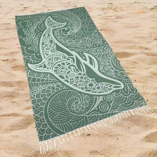 Whale Ocean Print Beach Towel Oversized Rectangular Quick-Dry Absorbent Shawl Summer Coastal Beach Wrap Travel Blanket with Tassel Fringe