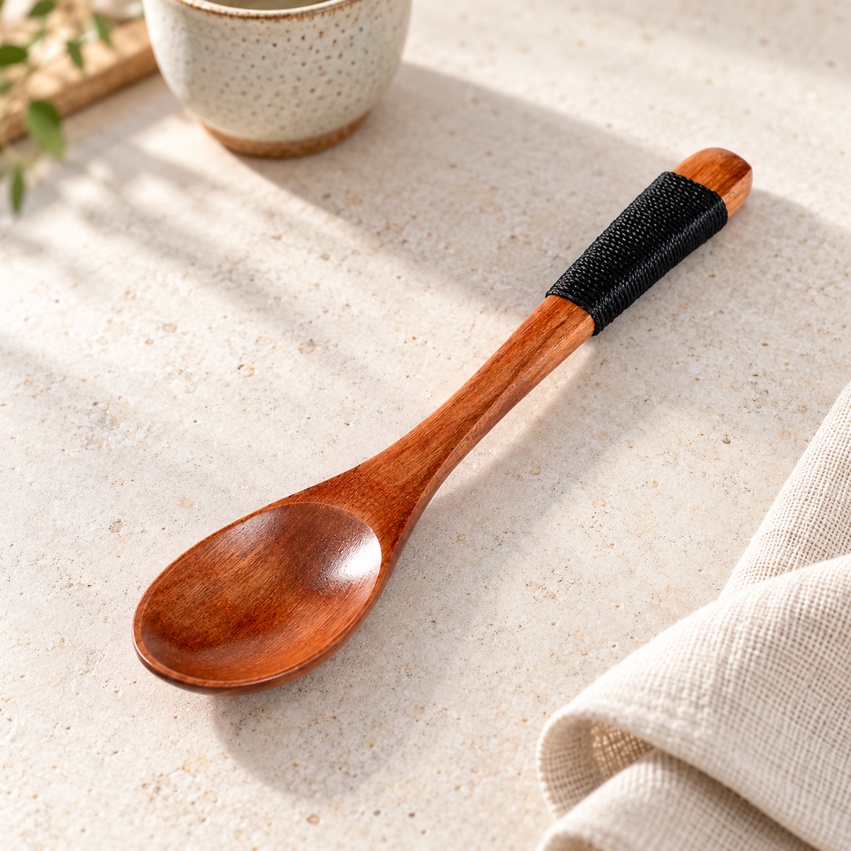 Nanmu Wood Dessert Spoon with Cord Wrapped Handle