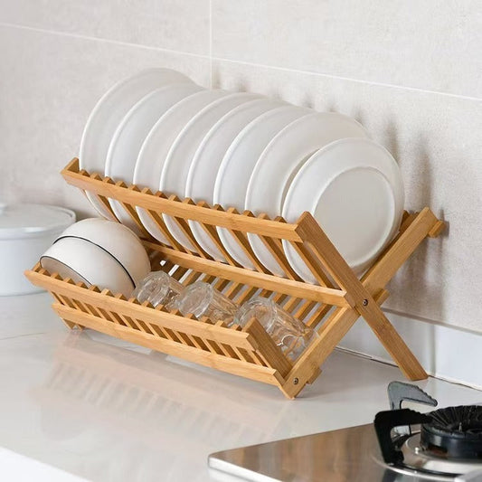 Foldable Bamboo Dish Rack Kitchen Drying Organizer