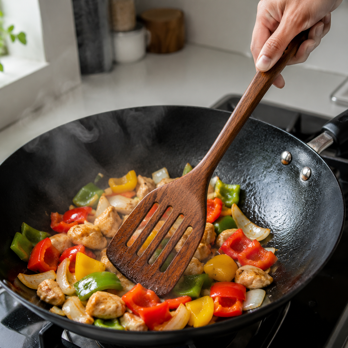 Wooden Slotted Spatula – Long Handle Non-Scratch Cooking Turner for Frying, Stir-Fry, Wok, Pan, Kitchen & Restaurant Use