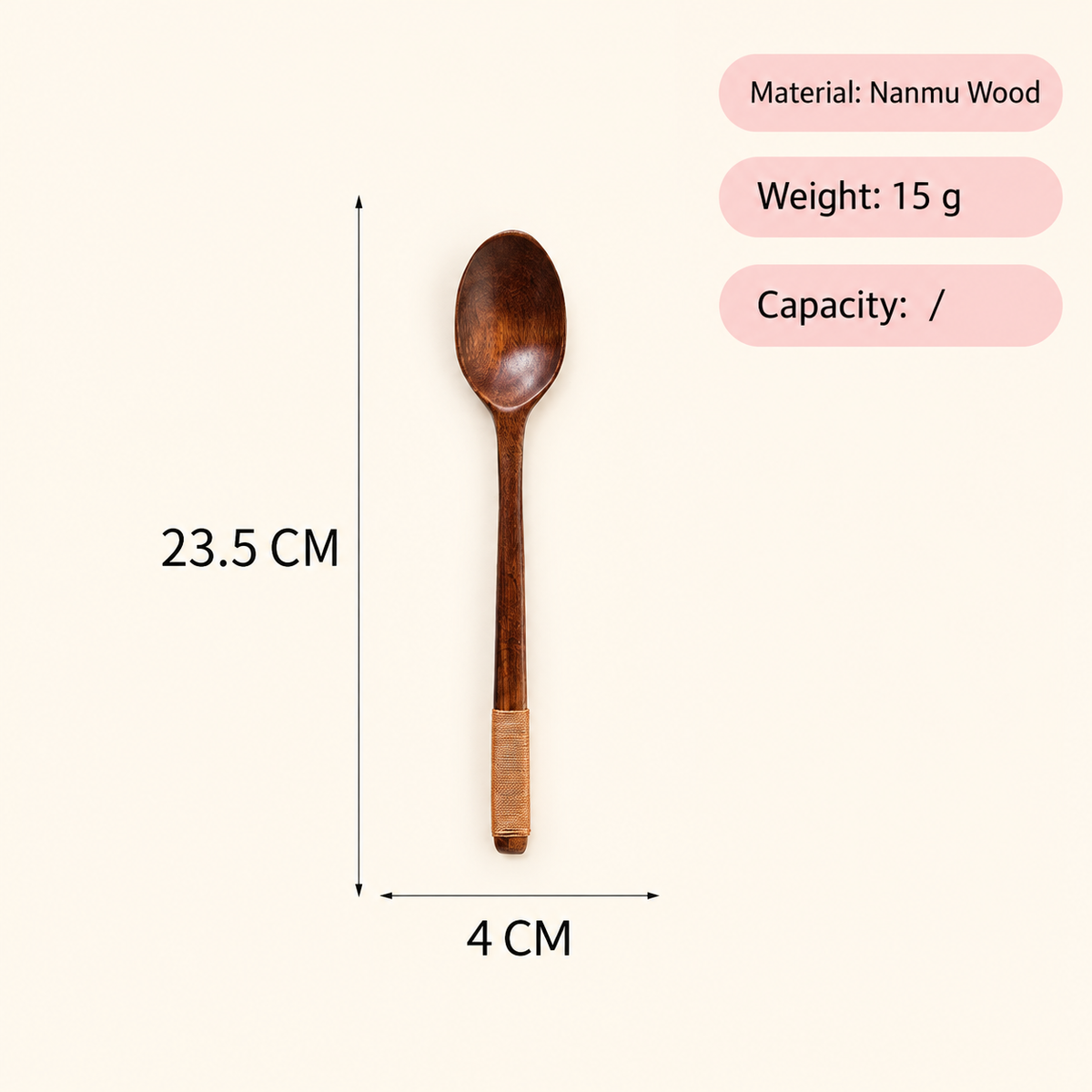 Natural Nanmu Wood Spoon Long Handle Wrapped Grip Wooden