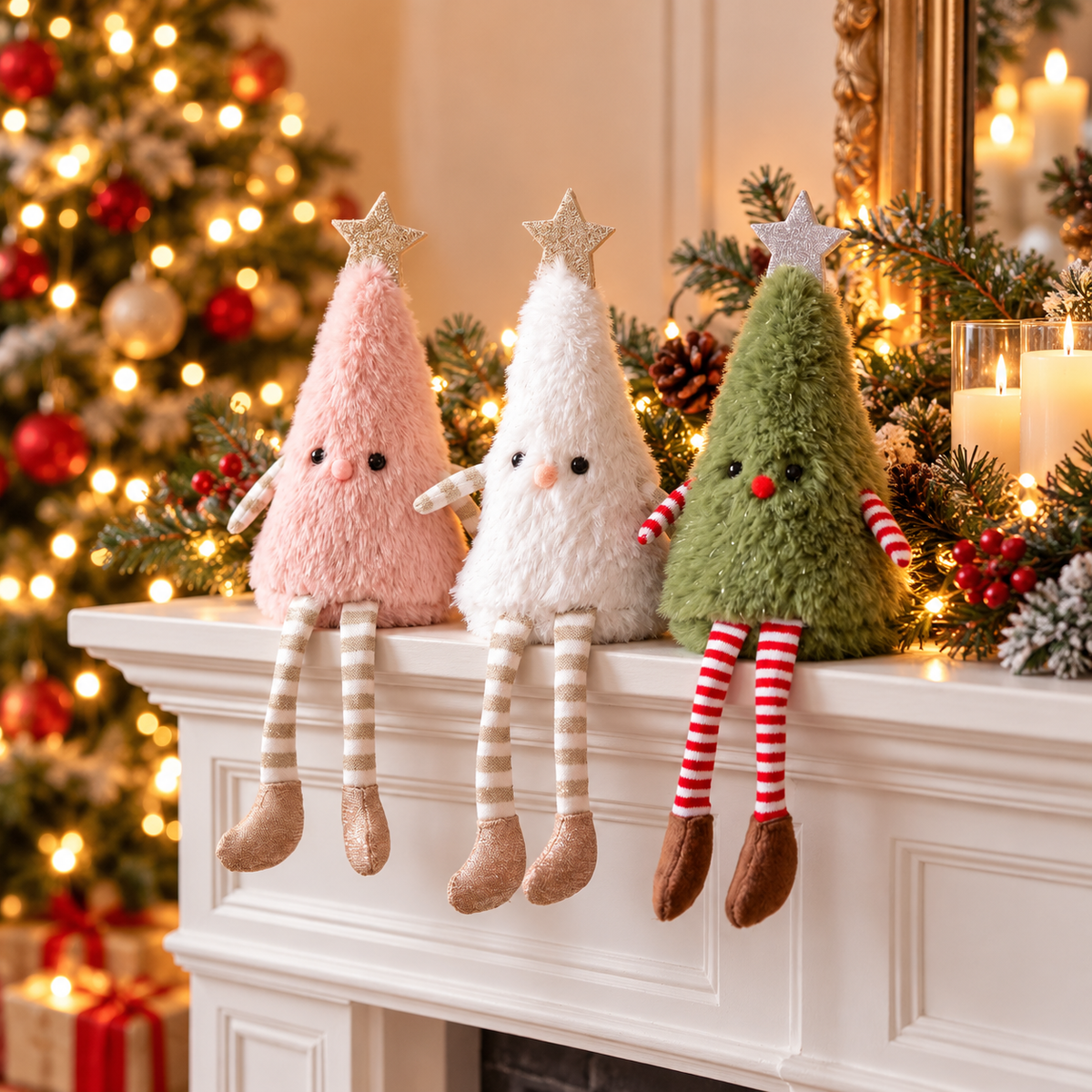 Plush Christmas Tree Doll Long Leg Sitting Holiday Shelf Decoration