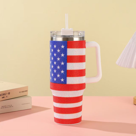 American Flag Rhinestone 40oz Stainless Steel Insulated Tumbler with Straw โ Patriotic Sparkle Travel Mug