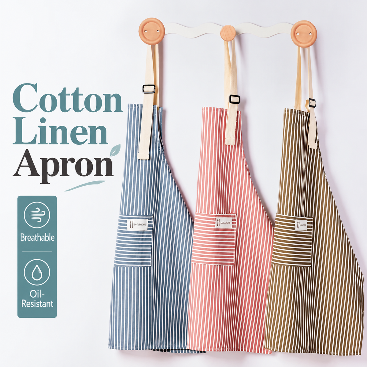 Cotton Linen Striped Kitchen Apron with Pocket
