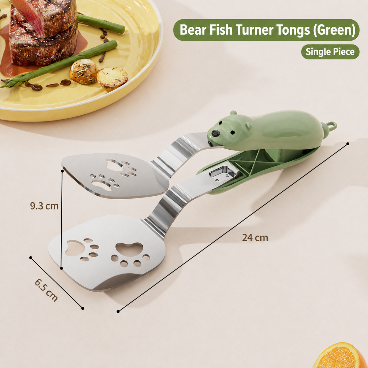 Bear-Shaped Stainless Steel Kitchen Tongs – Food Turner with Drain Holes, Lock Clip & Non-Slip Handle