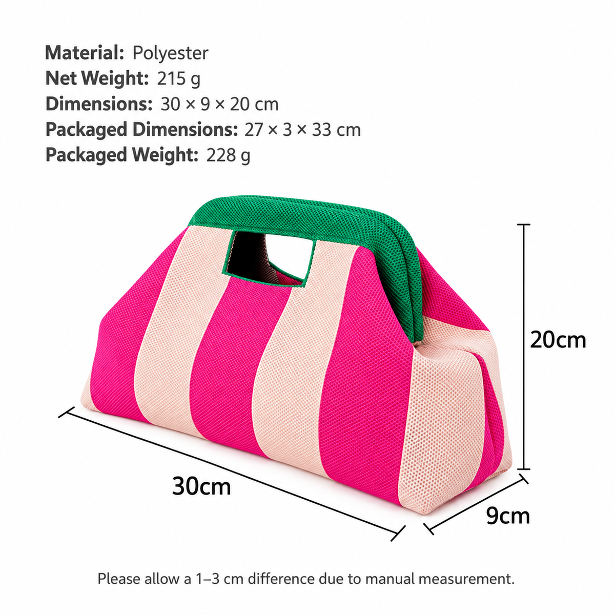 Striped Polyester Handbag with Cutout Carry Handles