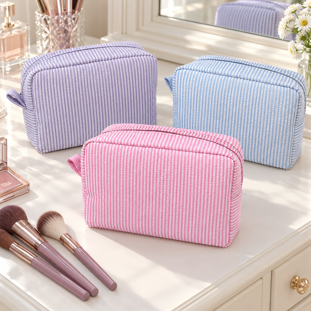 Striped Cotton Makeup Bag with Polyester Lining and Zip Closure