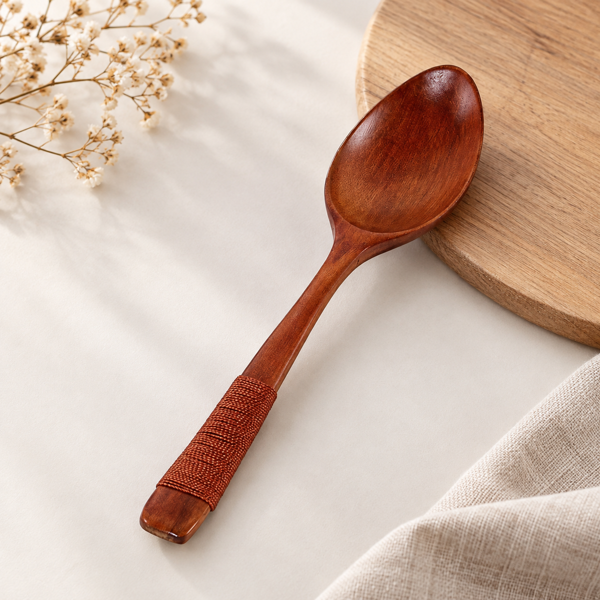 Wooden Spoon with Wrapped Handle, Natural Wood Soup Spoon, Coffee Brown Kitchen Utensil, Rustic Dining Tableware