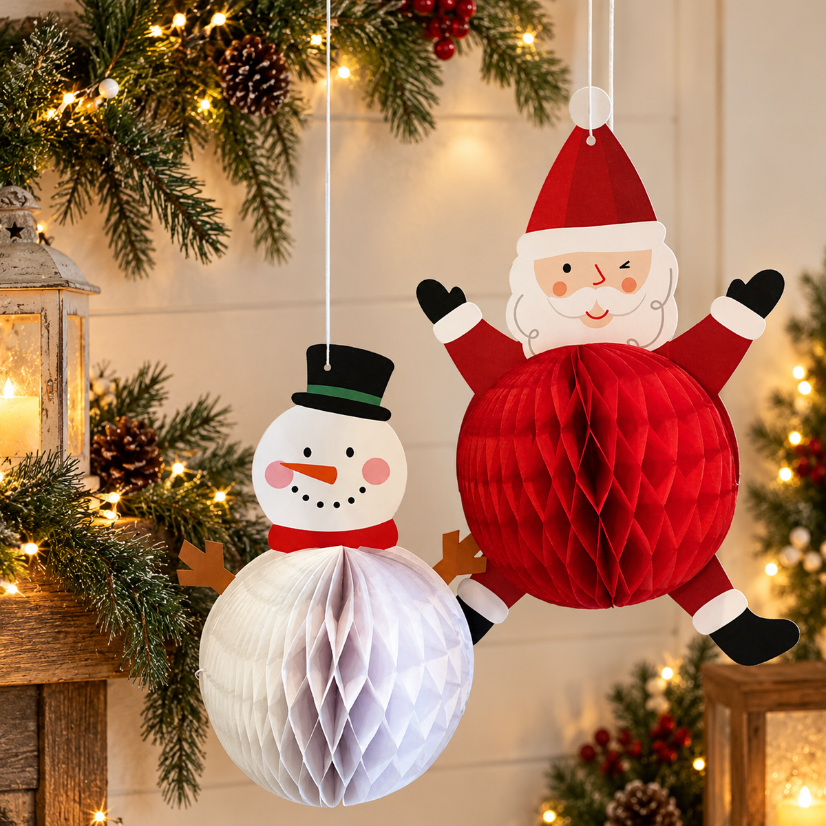 Christmas Honeycomb Paper Hanging Ornament Santa Snowman Festive Party Decoration