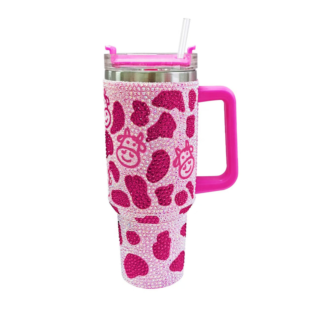 40oz Rhinestone Cow Pattern Stainless Steel Insulated Tumbler With Handle Large Travel Drink Cup