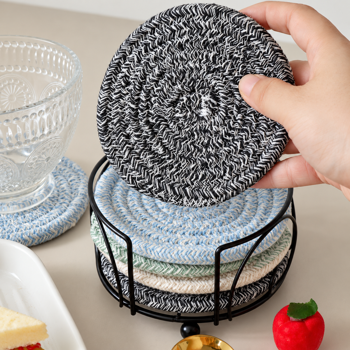 Round Woven Cotton Coaster Heat Resistant Drink Mat Decorative Table Protector