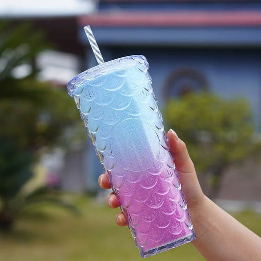 710ml Dual Tone Gradient Fish Scale Water Cup โ Large Capacity AS Plastic Stylish Summer Tumbler
