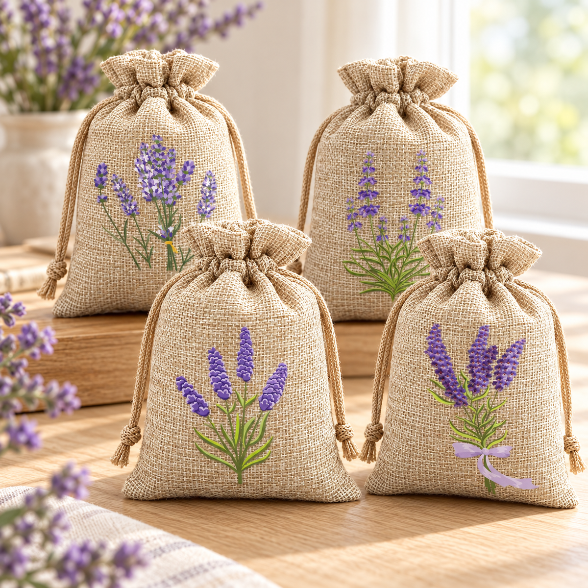 Lavender Print Burlap Drawstring Bag for Gifts and Small Item Storage