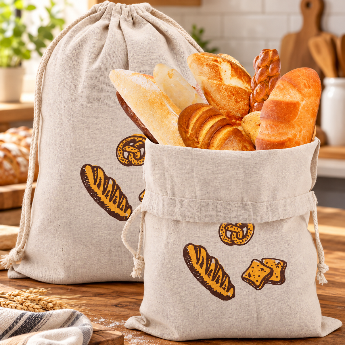 Reusable Linen Bread Bag, Drawstring Toast and Baguette Storage Bag