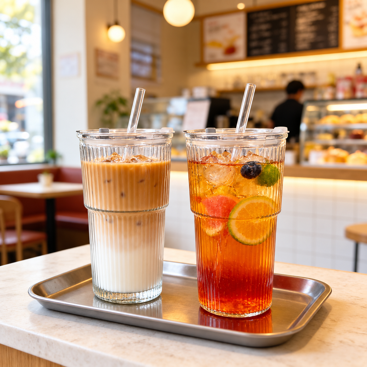 550ml Ribbed Glass Tumbler with Lid Clear Iced Coffee Drinking Cup