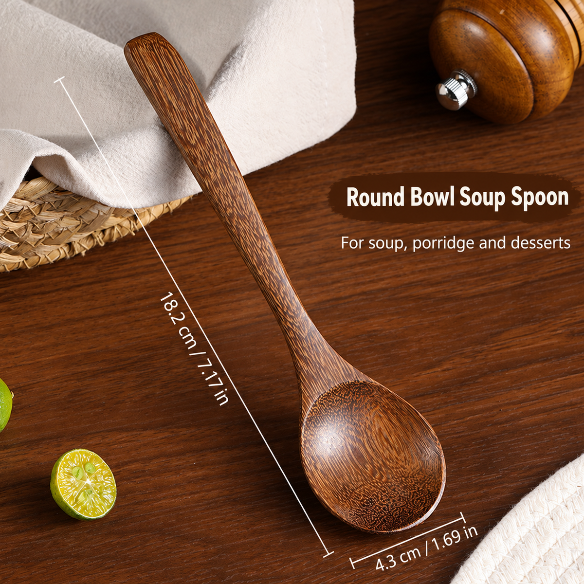 Round Bowl Wooden Soup Spoon for Porridge and Desserts