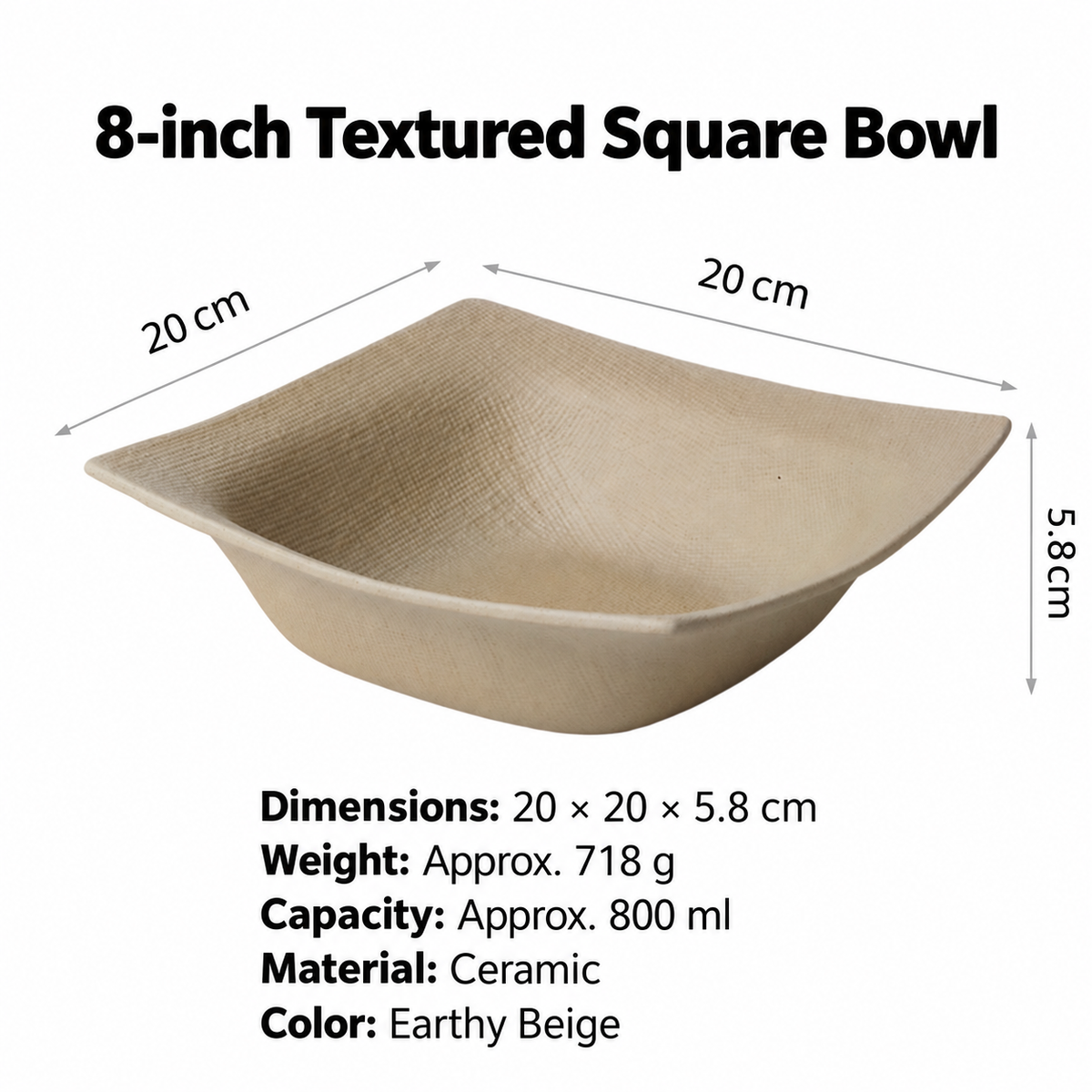 Textured Square Ceramic Bowl, Earthy Beige, 4.5, 6 or 8 Inch