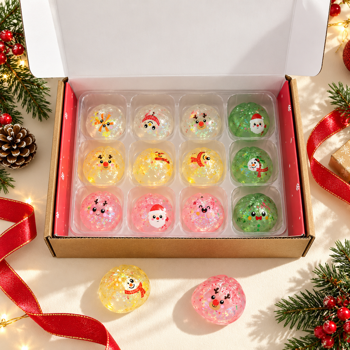 Christmas Crystal Squishy TPR Toys with Festive Designs 12 Piece Box