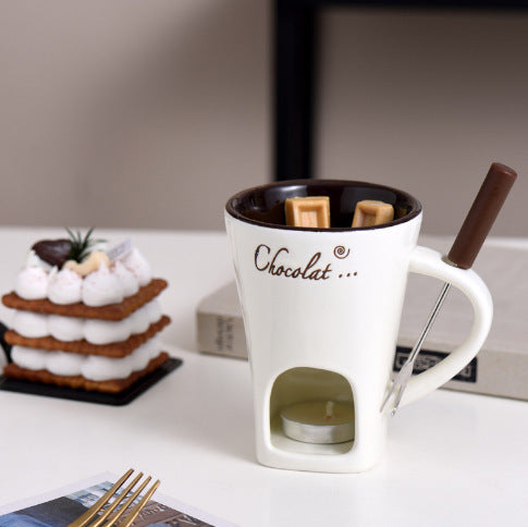 Ceramic Chocolate Fondue Mug Set – Mini Cheese & Dessert Melting Cup with Tea Light Warmer and Fork, 3 Colors