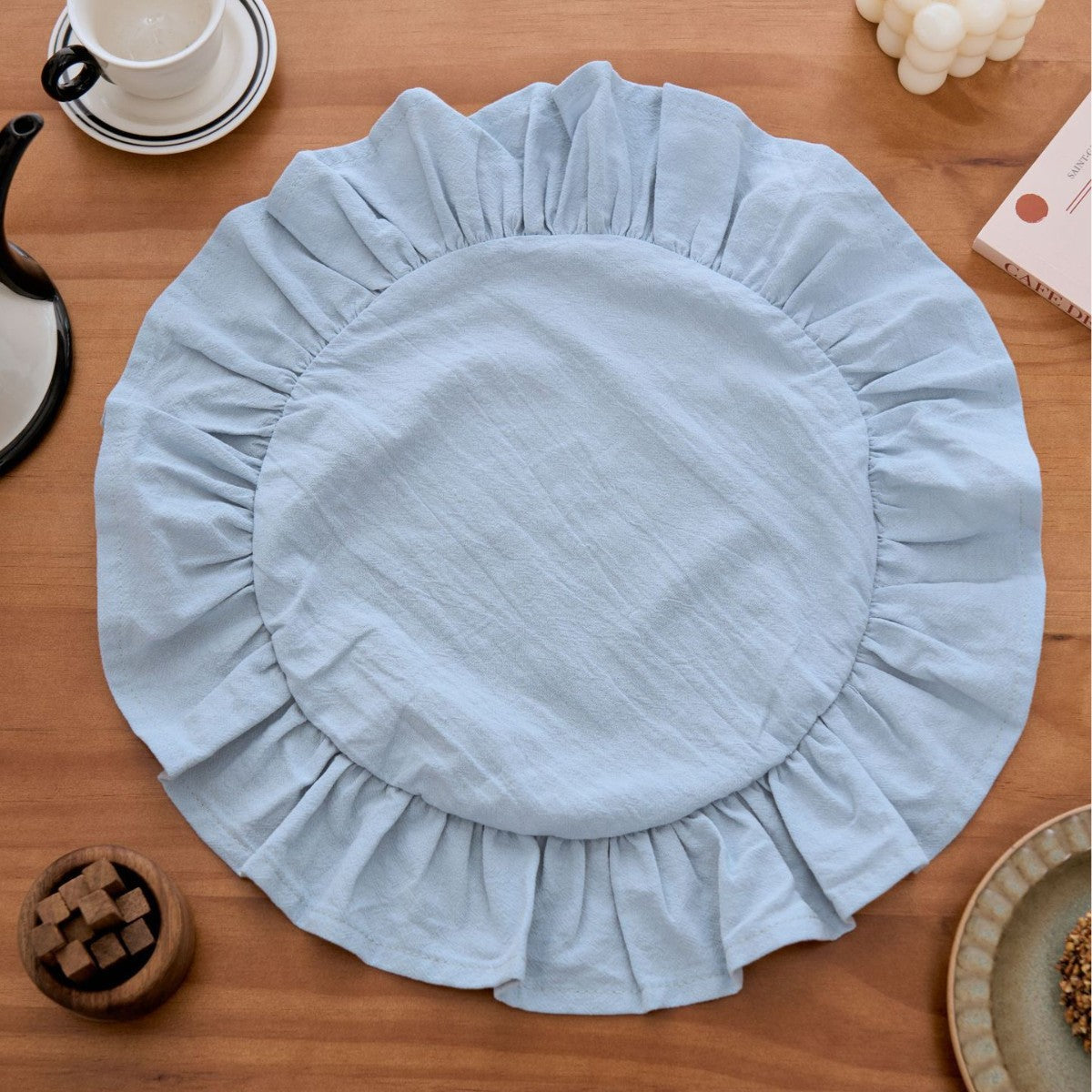 Round Cotton Ruffle Placemat Solid Color Washable Dining Table Mat