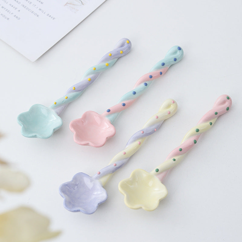 Ceramic Flower Spoon – Cute Twisted Handle Dessert Spoon for Kitchen & Dining