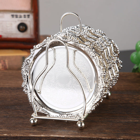Vintage Metal Coaster Set โ 6 Round Embossed Drink Coasters with Decorative Holder in Gold or Silver