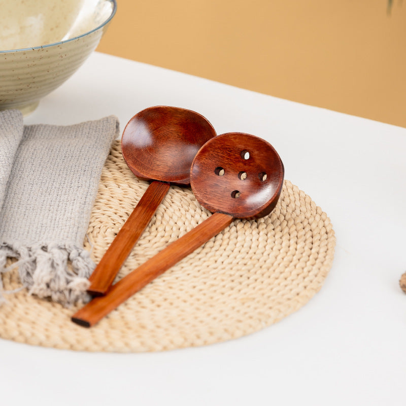 Wooden Soup Ladle – Camphor Wood & Bamboo Serving Spoon, 22cm Deep Scoop or Slotted Ladle for Cooking & Kitchen Use
