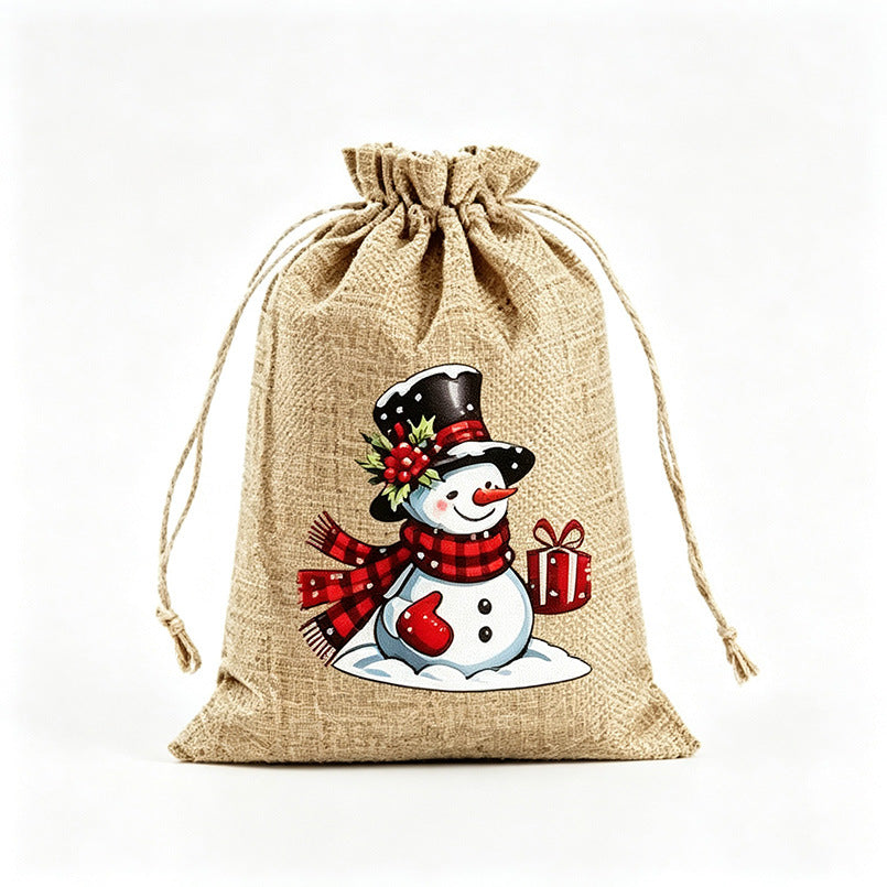 Christmas Burlap Drawstring Gift Bag Rustic Reindeer Santa Snowman Holiday Candy Favor Packaging Pouch