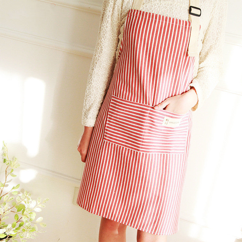 Cotton Linen Striped Kitchen Apron with Pocket