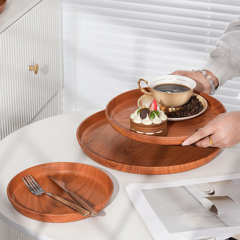 4-Piece Wood Grain Round Serving Tray Set – Lightweight Raised Edge Food Plates for Dining, Snacks, Desserts, Tea & Home Tableware