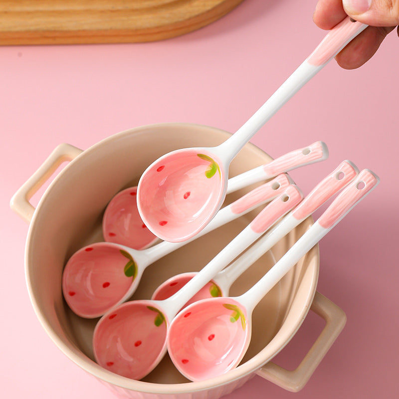 Cute Strawberry Ceramic Soup Spoon – Long Handle Japanese Style Spoon for Soup, Rice, Desserts & Everyday Dining