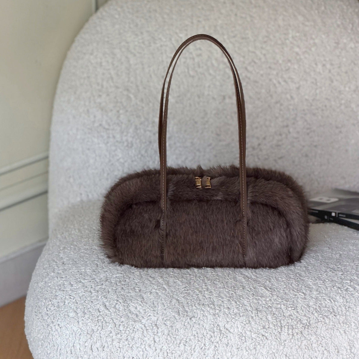 Plush Faux Fur Shoulder Bag with Long Handles in Four Colors