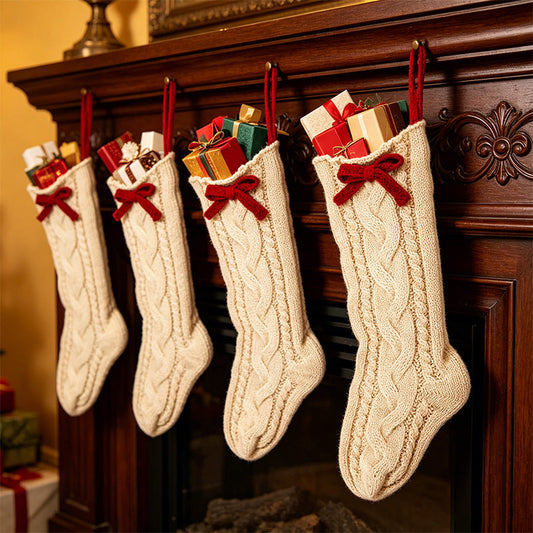 Cable Knit Christmas Stocking โ Polyester Holiday Stocking with Red Bow, Large Hanging Stocking for Fireplace Mantel & Christmas Gift Decor