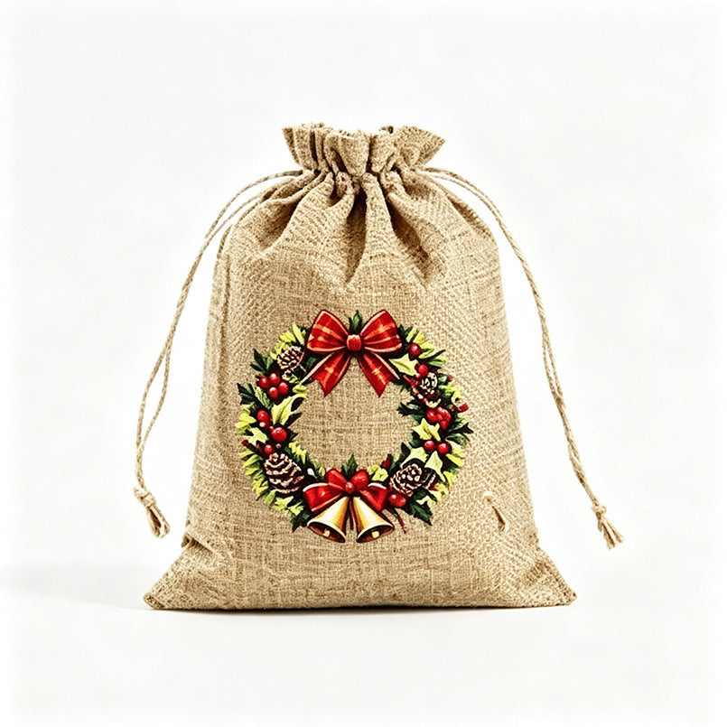 Christmas Burlap Drawstring Gift Bag Rustic Reindeer Santa Snowman Holiday Candy Favor Packaging Pouch