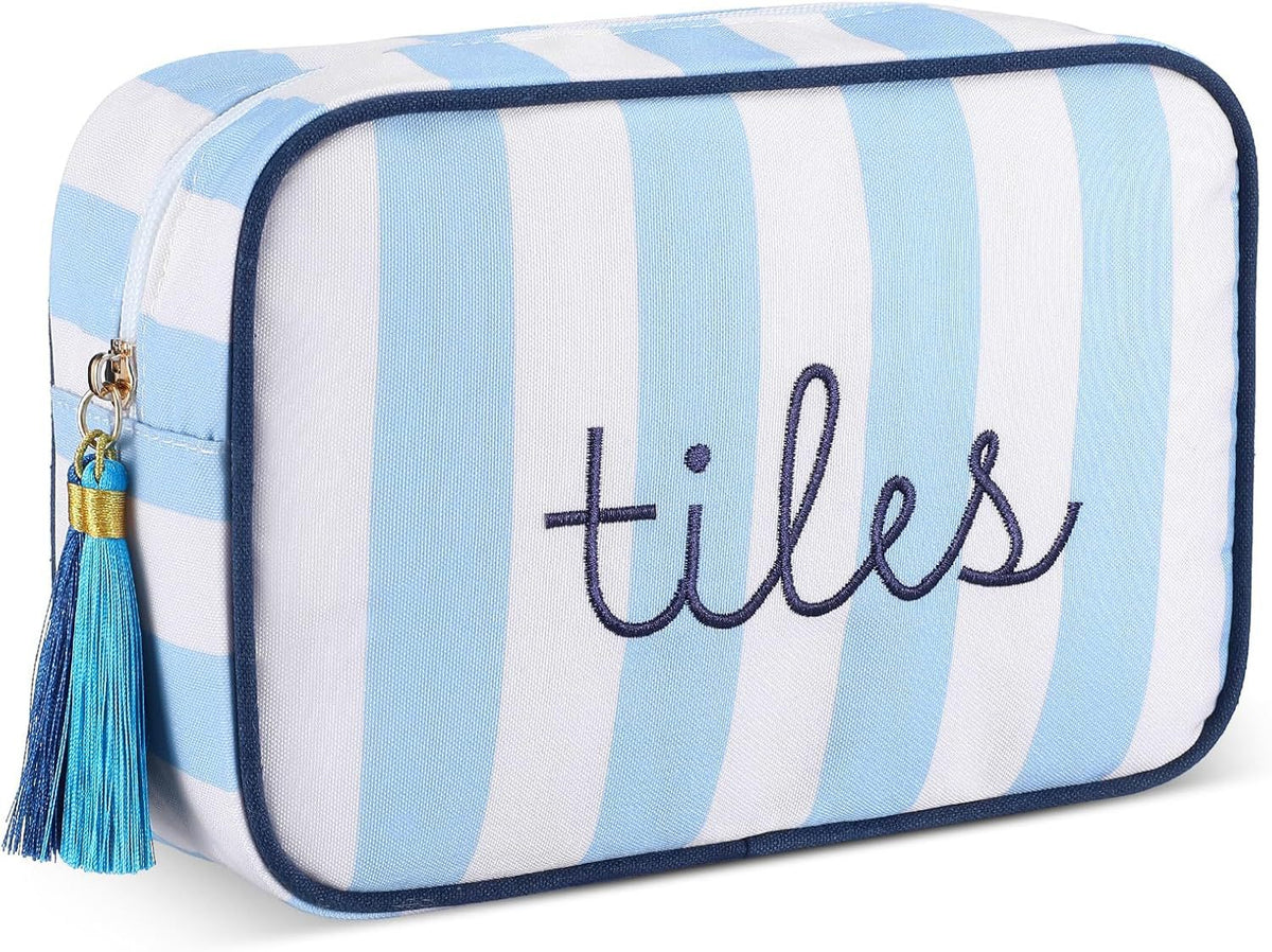 Striped Mahjong Tile Storage Bag with Embroidery and Tassel Zipper