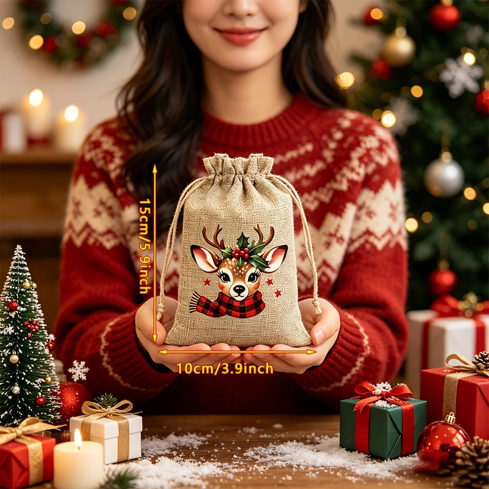 Christmas Drawstring Gift Bag Set – 5-Piece or 12-Piece Holiday Favor Bags with Festive Prints