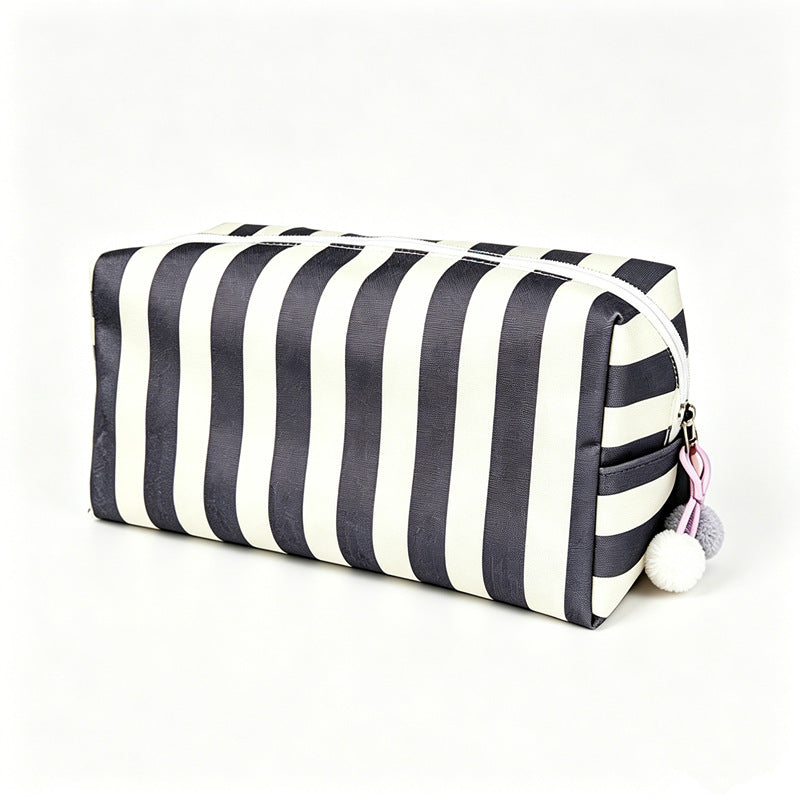 Striped Canvas Makeup Bag with Zipper and Pom Pom Pull