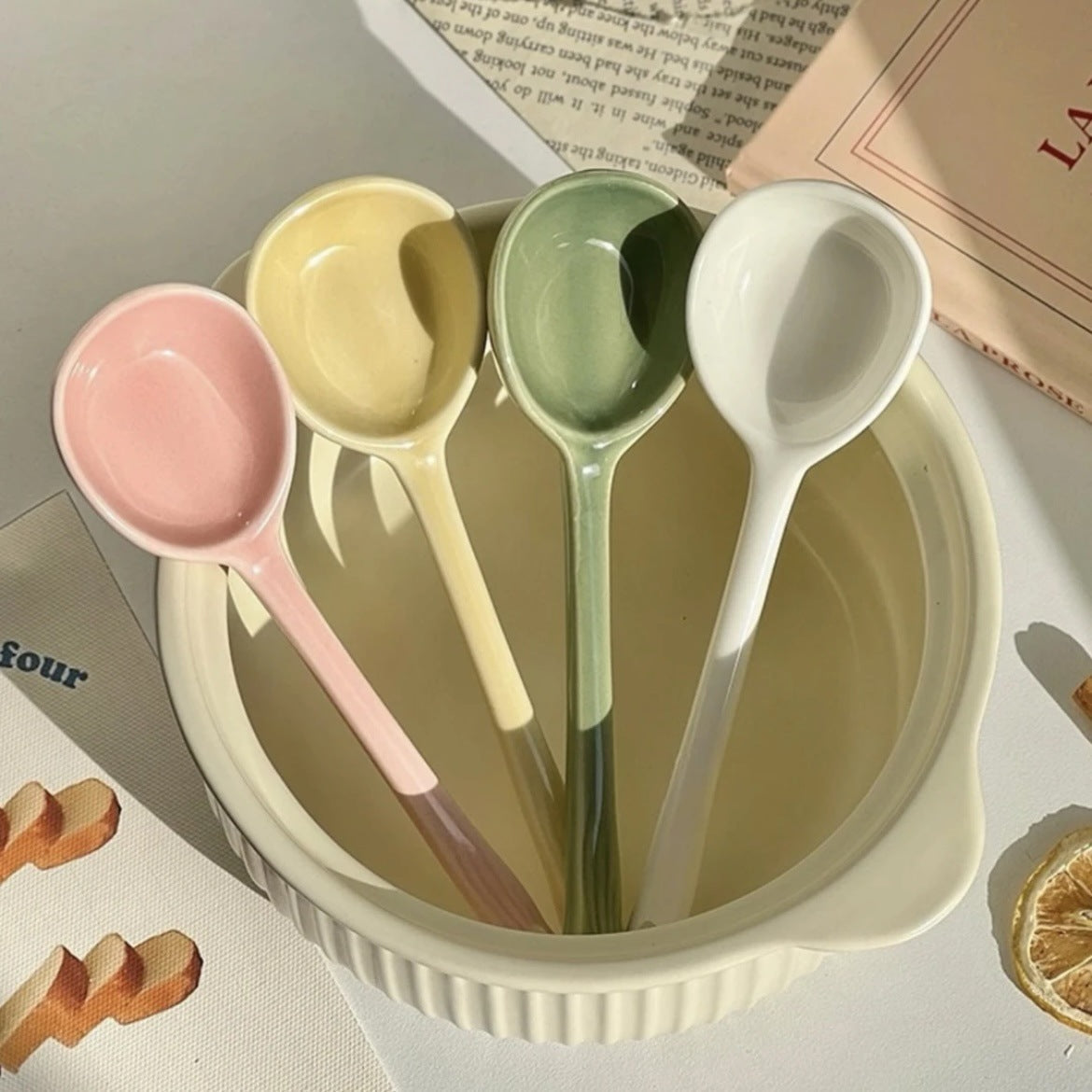 Ceramic Soup Spoon – Long Handle Serving Spoon with Hanging Hole for Soup, Rice, Desserts & Everyday Dining