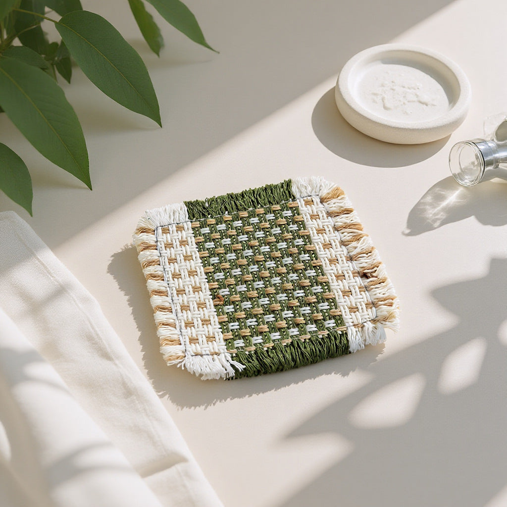 Green Woven Cotton Linen Coaster – Square Rustic Drink Mat