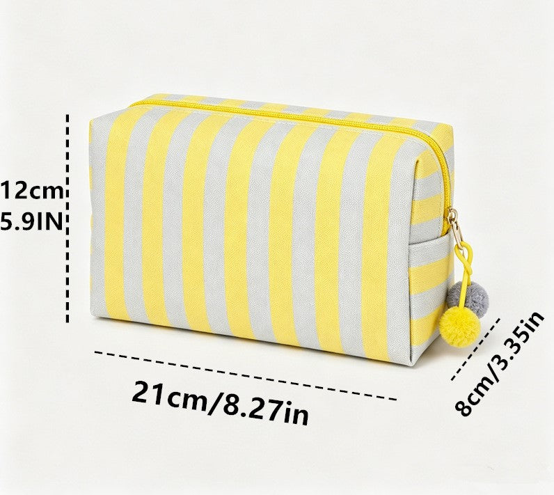 Striped Canvas Makeup Bag with Zipper and Pom Pom Pull