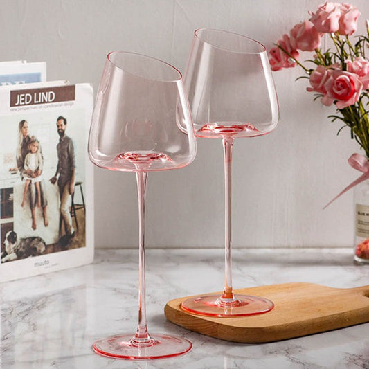 Pink Crystal Wine Glass โ Luxury Angled Rim Stemmed Goblet