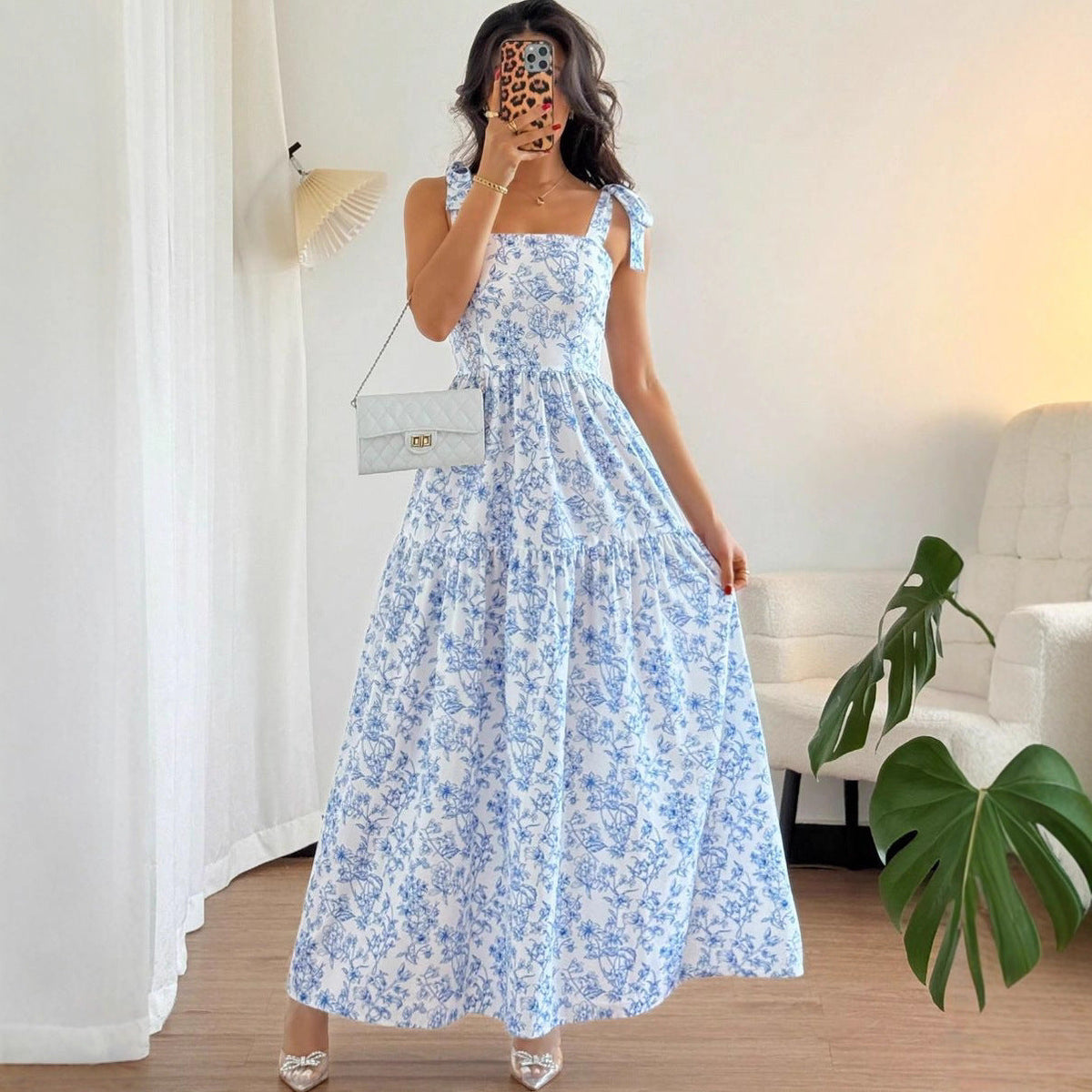 Floral Print Maxi Dress – Blue & White Spaghetti Strap Dress