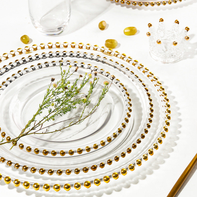 Gold Beaded Rim Glass Dinner Plate for Dining and Wedding Table Decor