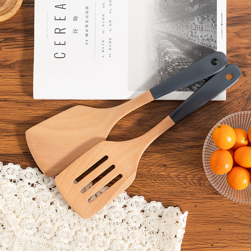 Beech Wood Kitchen Utensil Set – 3-Piece or 5-Piece Wooden Cooking Tools, Black Handle Spatula, Spoon & Ladle Set